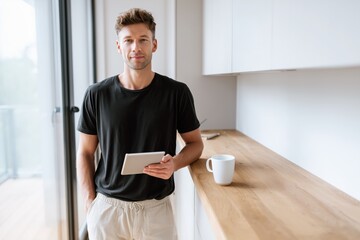 man holding tablet and coffee mug in bright minimalist kitchen with clean textures and natural daylight