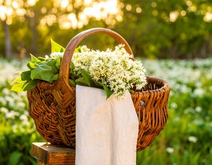 Basket of white flowers in a field