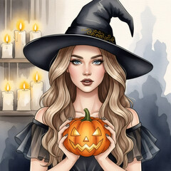 Woman in witch costume holding carved pumpkin, surrounded by glowing candles, creating a mystical Halloween atmosphere with enchanting ambiance	
