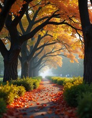 Deserted alley with autumn trees and falling leaves