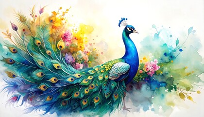Watercolor Peacock with Vibrant Plumage and Floral Accents, Artistic Bird Illustration