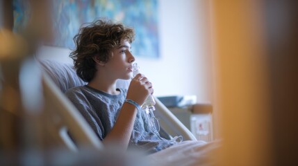 Young patient sitting upright in hospital bed concentrating on inhaler use with hospital room elements blurred emphasizing treatment for vapingrelated lung issues.