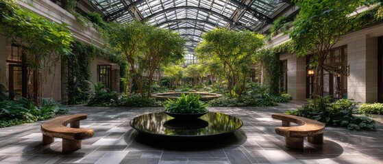 Lush greenery fills a sunlit conservatory courtyard.