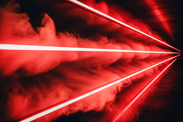 Futuristic red neon tunnel with glowing lines and smoke effects