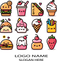 Cute kawaii food logo icon vector white background .