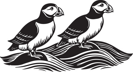 A set of cute black bird silhouettes on a branch, illustrating wildlife