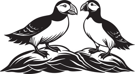 Fototapeta premium A vector illustration of a pair of black and white birds on a branch, a cute animal couple