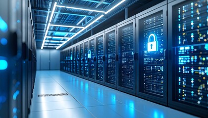 Cybersecurity concept in server room—row of laptops displaying padlock icons, surrounded by blinking server racks—symbolizing data protection, IT infrastructure, and digital security.