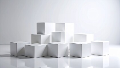 Minimalist white cube structure in staggered formation on plain background&mdash;symbolizing balance, clarity, and geometric harmony.