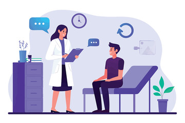 Female doctor consulting with a male patient in a clinic office. Healthcare and medical concept flat vector illustration.