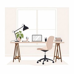 A modern and minimalist home office setup with a desk, chair, and computer.