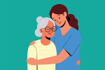 Young female nurse hugging and supporting an elderly senior woman. Vector illustration of compassionate healthcare and assistance.