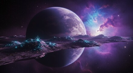 Surreal purple exoplanet landscape with crystal formations and a cosmic nebula reflected in calm water