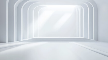 Bright, abstract white fashion catwalk stage with curved arches and steps creates futuristic and elegant atmosphere. minimalist design emphasizes clean lines and open space
