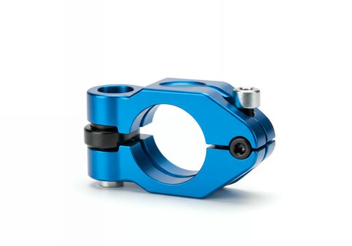 Blue anodized aluminum bicycle handlebar stem clamp with cylindrical mounting holes precision CNC machined cycling component hardware