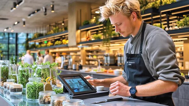 Professional chef garnishing elaborate gourmet dish, referencing digital tablet while standing near stainless steel kitchen counter, surrounded by fresh culinary herbs and ingredients