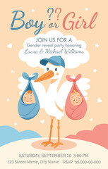 Gender party. Vector invitation for gender party in pink and blue with cute stork holding newborn baby boy and girl in wings. Delicate pastel design for party for boy or girl
