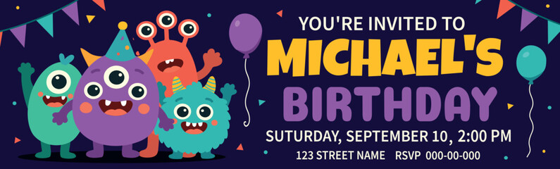 Invitation to a children's party Monster Bash with cute colorful monsters, fireworks and confetti on a dark blue background. Bright design, horizontal format. Ideal for a birthday