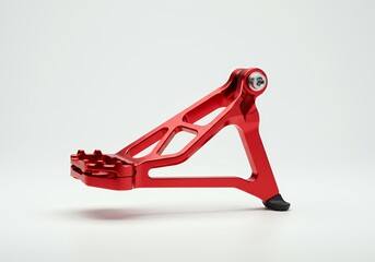 Premium red anodized aluminum motorcycle kickstand footrest with pivot mount and triangular support design isolated on white