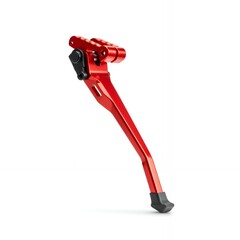 Red aluminum alloy adjustable motorcycle side stand kickstand with chain guide mount and rubber foot isolated on white
