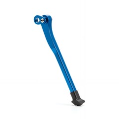 Blue anodized aluminum bicycle kickstand single leg side mount support stand with rubber foot isolated on white background