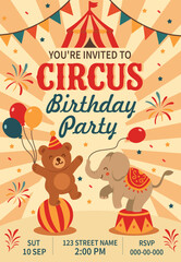 Vector invitation to a birthday party, to a circus party with a teddy bear on a ball and a baby elephant on a pedestal, balloons and flags. Bright and cheerful design for a children's party