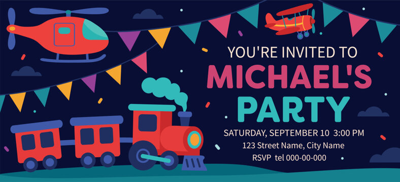 Vector horizontal colorful party invitation with train, helicopter, airplane, stars and garlands. Fun transport themed design for kids birthday