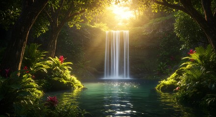 Jungle waterfall sunlight serenity