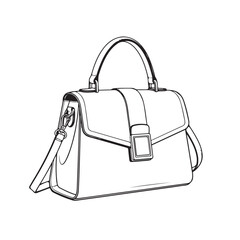Elegant black and white vector line art illustration of a stylish women's leather handbag, a classic fashion accessory, isolated.