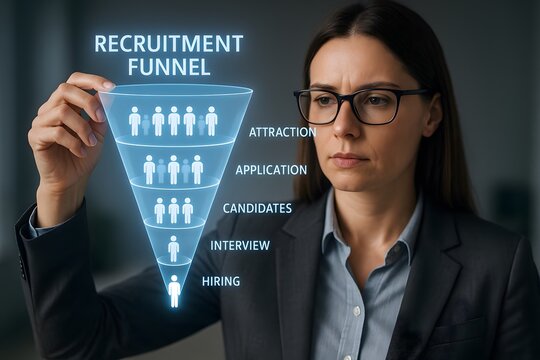 A businesswoman carefully analyzing a recruitment funnel strategy. 