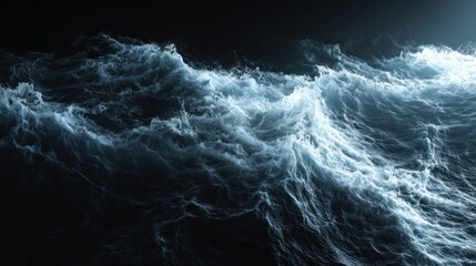 An intense blue ocean is churning under a dark sky, reflecting a bright light