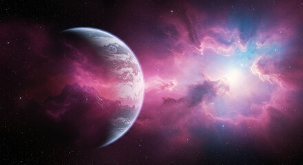 Fototapeta premium Alien exoplanet floating in a luminous magenta nebula with a bright star cluster in deep outer space.