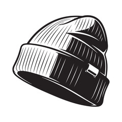 Black and white vector illustration of a beanie hat, an essential winter accessory with ribbed texture, rendered in a simple graphic style.