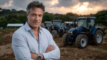 Farmer smiles with arms crossed, surrounded by plowing tractors, capturing the essence of agricultural life at sunset
