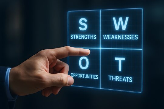 A hand interacting with a SWOT analysis on a digital screen. 