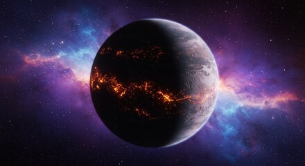 Obraz premium Volcanic exoplanet with a fiery, cracked surface revealing a molten core, set against a vibrant cosmic nebula in deep space.