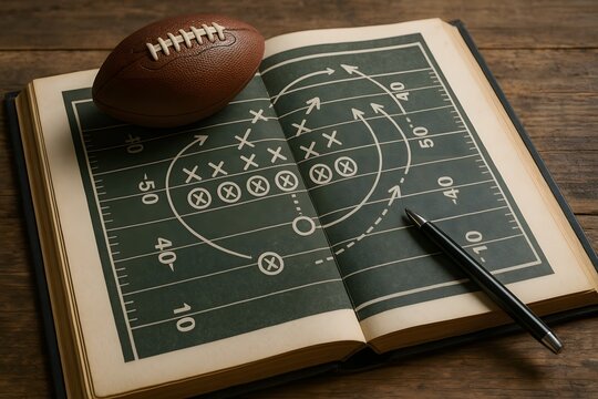 A close-up shot of an American football and play diagram. 