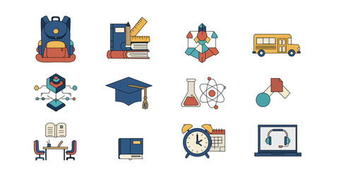 Education and learning vector icons featuring school supplies, graduation, science, and technology. Ideal for academic, study, and back-to-school themes