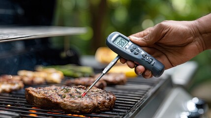 Hand holds a digital meat thermometer above a ribeye steak cooking on the grill, showcasing precision in outdoor grilling