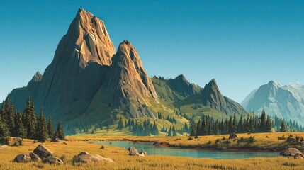 Mountain range with grassy fields and a tranquil stream under a clear blue sky