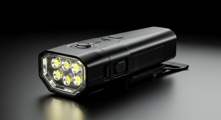 Professional rechargeable bike headlight with multi-LED array, matte black aluminum housing, top mounted controls, and secure handlebar bracket attachment