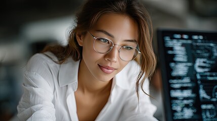 Engaged in coding, a female programmer analyzes complex data visualizations with holographic displays surrounding her workspace