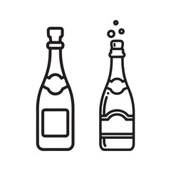Two black outline vector icons of champagne bottles, one closed and one open with bubbles, on a white background, representing celebration.