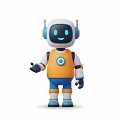 Friendly 3D robot character with a welcoming gesture, isolated on white.