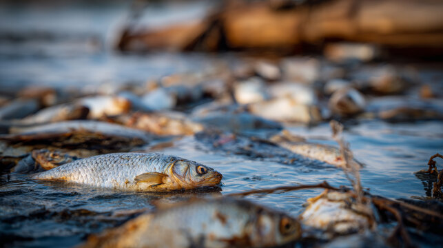 Dead fish floating on polluted water surface, indicating environmental contamination