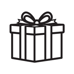 Simple black and white line art vector illustration of a wrapped gift box with a bow, perfect as an icon or design element for celebrations and holidays.