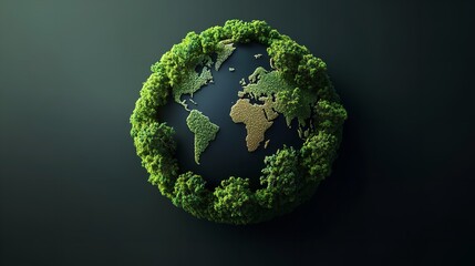 A stylized earth globe with continents made of greenery and trees on a dark background