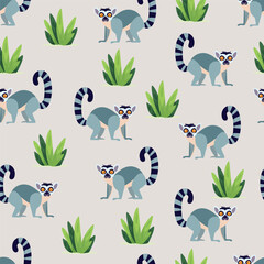 Cute lemur seamless pattern. Flat vector clipart, illustration with isolated background. © Universe Mary