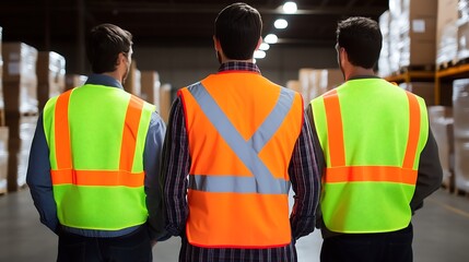 Three men in safety vests walking in a warehouse looking at storage shelves