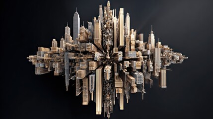 A city's skyline, rendered in a 3D sound wave pattern, in shades of gold and silver, radiates outward from a central point on a dark background.